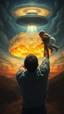 Placeholder: Bosch painting style nightmare, a man screaming holding a baby up toward a ufo spaceship, in the background a nuclear explosion in the rear view , dramatic sad scene, fantasy, scary.