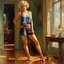 Placeholder: full length low angle airbrush portrait of young barefoot woman standing legs apart, wearing crop top and silk shorts with blond hair in pixie haircut, tan complexion, and wireframe glasses, sapphire pendant, confident expression, by pino daeni bare feet resting on hardwood floor, in opulent parlor with antiques, relief hangings, and a crystal decanter, perfect toes, pedicure