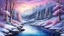 Placeholder: Pencil drawing fully colored, satin digital painting, Beautiful Winter River Scenery, Coquette Style, blue and shimmering light lila and Pink color settings, 3D png saved, soft clean and smooth aquarelle effect, highly detailed, hyper realistic, intricate detail, white background, Josephine Wall Style art