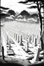 Placeholder: landscape, Japanese open air flat cemetery with thousand gravestones, high detail, manga style, grayscale