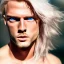 Placeholder: masterpiece, best quality, man, blue eyes, fluorescent, blond flutter hair, highly detailed body, sun light, 4K, RAW, depth of field, high contrast, realistic details, 150mm