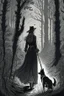 Placeholder: in the style of a Henry Justice Ford drawing, a beautiful witch walks through a dark forest, a dog is seen in the background standing against the horizon, waiting for her