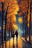 Placeholder: night yellow lights over the street trees autumn leaves under feet ,a Student adult girl with books in her hand walking in street turned back to talk to a boy walks after her few meters away her back