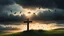 Placeholder: Hyper Realistic Photographic Silhouette View (Rule Of 3rd View) Of Jesus On Cross At Cloudy Sunset On A Grassy Hill With Few Birds Flying Far Away The Cross Showing Dramatic & Cinematic Ambiance.