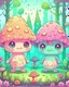 Placeholder: Two mushroom boys in the forest with big cute heads, small body. Big sparkly monster eyes. Soft baby pastel colours. kawaii style, Sparkles around. underwater colours. sparkles. Happy. bushes around and moss.