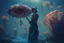 Placeholder: tall slim woman in ragged, torn clothing, in an underwater scene, holding an umbrella made from a jellyfish, detailed matte painting, deep colour, fantastical, intricate detail, complementary colours, fantasy concept art, 8k resolution, Unreal Engine 5