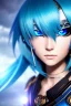 Placeholder: Cyborg anime warrior, light blue hair, short and messy hairstyle, pierced ears, round ears, golden eyes, waist up portrait, 8k resolution, intricate details, ornate details, soft lighting, vibrant colors, retroanime, masterpiece, intricate eyeliner, dark eyeshadow, eyes, intricate tattoos, futuristic cityscape background