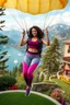 Placeholder: very beautiful lady with beautiful sports pant and top and sports shoes with curvy hair with a parachute flying in a nice villa yard with trees flowers ,in country side in floor of beautiful mountains ,sea with ships ,water falls ,looking at camera