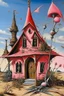 Placeholder: A rosy pink witch house with magic brooms painted by Salvador Dali