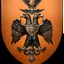 Placeholder: Bronze emblem double-headed eagle symmetrical and positioned on a single neck, Each head looks in different directions, one head facing left and the other right, wings of the eagle are spread wide, bronze shield