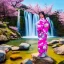 Placeholder: jolie femme asiatique en kimono près d'une cascade d'eau transparente entouré de cerisiers du japon avec aurore boréale rose