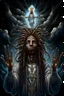 Placeholder: portrait of a cross with octopus arms up towards heaven, hair standing straight up, fluffy clouds, intense eyes,looking upwards, white pupils, close facial portrait of the streetwise magician posing in elaborate cape, angels and demons, fireflies , staircase with closed gates of heaven, 4 k, down light, depth of field, trending on art station, high detail, cracked ground