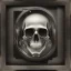 Placeholder: cyberpunk style ink ball skull picture in detailed frame, big black eyes, unreal engine 5, 8k resolution, photorealistic, ultra detailed, frame extreme accurate