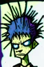 Placeholder: 2d portrait drawing of a stickman, cool with punk hair, x eyes like hangman, close-up, in colour