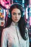 Placeholder: Kodak Vision 2383, full body photo of a mystic cyber droid biotech woman named Lisa Lou, with dark long hair and long model lags, wearing high-tech headphones and a white shirt, The background unfocused pinkish Neon Signs lights, with her "beautiful big blue eyes" she looks directly into the camera, detailed natural skin, retrofuturism, future tech, dramatic cinematic lighting, RAW photo, high detailed Natural skin, film grain, cyberpunk neon look, camera f1.6 lens, rich colors,