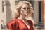 Placeholder: elegant blonde woman in firenze in red costume in sunshine, shading pastel and charcoal