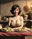 Placeholder: Ultra realistic photographic portrait, happy young Gina Lollobrigida woman sitting with arms resting on Italian kitchen table, pretty tortellini dish with olive oil and albahaca, renaissance style decoration, soft color, highly detailed, unreal engine 5, ray tracing, RTX, lumen lighting, ultra detail, volumetric lighting, high definition.