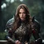 Placeholder: young woman with long brown hair, arrogant red eyes, wearing black leather fantasy armor, detailed, 4k resolution, hd