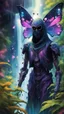 Placeholder: portrait of masked ninja dementor butterfly psychedelic interdimensional robot in the garden, waterfall and elves ,lotsa wild weed, in spotlight, magazine cover illustration with spray paint, signed, bokeh like, down-light, unreal engine, prize winning