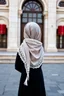 Placeholder: a 7years old girl with a lace long scarf on back head that is standing in front of a building, a picture, arabesque, !8k!, azeri, insanely cute, amazing cgi, turkish, adorable outfit