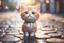 Placeholder: cute happy chibi anime cat standing on a wet cobblestone road in sunshine, ethereal, cinematic postprocessing, bokeh, dof