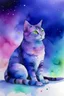 Placeholder: painting of a whole cat that is sitting, in the center of the picture with space around it taking up one third of the image, in watercolour, in the background a purple sky with stars and northern lights, splatter, art, aquarell, pastell, ink, soft, negative space