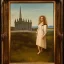 Placeholder: A Italian painting of a Latina young woman in a dress in front of a Mormon temple in sunshine in the style of DaVinci