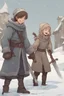 Placeholder: DnD style, two medieval peasant kids playing in the snow male and female, age 14 and 15, happy and playful, he has a short sword.