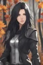 Placeholder: Young woman with long and wild black hair, gray eyes, wearing black and gray clothes, autumn trees in background, wearing silver gauntlets with claws, RWBY animation style