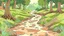 Placeholder: Cartoon style Forest with trees, muddy footprints on the path near a creek