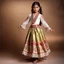 Placeholder: full body 7years old girl ,simple background, full body of very pretty little girl in azeri dance wearing A underdress or shirt, often made of silk,A fitted, often velvet or brocade, jacket worn over the shirt.Wide, bell-shaped skirts are worn, often long and layered to create beautiful movements while dancing, with a long lace scarf at back of her head ,with pretty shoes,in T pose looking at camera.