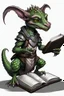 Placeholder: kobold from dungeons and dragons, grey diamond - shaped scales, big magic book