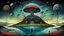 Placeholder: one alone human stands on fade colors floating island over normal neurotipical lifes on landscape with many little humans. this island with deep dark colors. dreamlike inner world with neurodivergens soul and mind,, Whimsical strange style of Chagall, of Bosch of giger and Anton Semenov. weird absurd beauty nightmare, in background neuronic network, Whimsical surreal vibe, cinematic