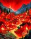 Placeholder: A cherry red village with torches painted by Alan Sorrell