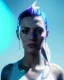 Placeholder: A portrait of a cyberpunk woman vary angry facing camera blue color scheme, high key lighting, volumetric light high details with white stripes and feathers unreal 5, octane render, cinema4d, dynamic lighting, dramatic lighting, 4k, redshift render, highly detailed, hyper realistic