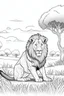 Placeholder: Feature a lion, in a savannah setting, with a few acacia trees, clean line art, white background, no shadows, black and white coloring book.