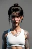 Placeholder: Ultra Realistic image, 25 years old brunette woman, Madrid, portrait, small stature, small chest, yakuza body tattoo, white broken cotton short undershirt, black latex short, vibrant color, highly detailed, art stations, concept art, smooth, unreal engine 5, god rays, ray tracing, RTX, lumen lighting, ultra detail, volumetric lighting.