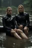Placeholder: Margot Robbie and Georgia Henshaw in full black leather, trapped in a flooding chamber as water comes up to their necks.