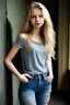 Placeholder: pretty girl, aged 14, blonde, conventionally attractive, dreamy, full body, jeans, tight top