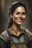 Placeholder: fantasy art style portrait of an early 30's brunette tanned female coal miner smirking, wearing overalls and slightly dirty.