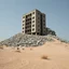 Placeholder: Fotografia di un grande edificio moderno brutalista, che sembra un grattacielo, parzialmente sommerso in una collinetta di oggetti. La struttura è erosa e inglobata dal paesaggio naturale, come se il tempo o l'ambiente avessero iniziato a "riassorbirla". L'atmosfera è desolata e surreale, con un ambiente circostante spoglio e sabbioso hasselblad h6d400c --ar 85:128 --v 6.0