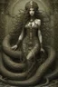 Placeholder: A beautiful girl with long curly hair , full body , holding a big snake , front view . decayed and rotting with grotesque proportions and imagery. grotesqueries, detailed texture, surreal horror, biomechanical design, by hr giger and beksinski