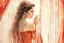 Placeholder: A beautiful brunette woman looks out from behind a red lace and silk curtain, holds the curtain with one hand and pulls it away in sunshine, watercolor and black ink outlines, sparkling golden glitter, ethereal, cinematic postprocessing, bokeh, dof