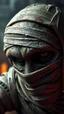 Placeholder: Busch painting style nightmare, a zoomed 3/2 view of the mummy by his face skin is a rusted broken metallic skin texture in a 3d rendering full-height image of a grim and dark scene. Ensure the final images exhibit the utmost quality, encompassing 4K, 8K, and 64K resolutions, with 3D rendering that manifests in photorealistic, hyperrealistic, and highly detailed representations. Employ techniques such as HDR, UHD,