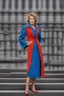 Placeholder: Powerful classical portrait of a 2000s politician in her early 40s wearing a blue dress standing in a powerful position a little zoomed out