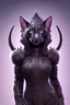 Placeholder: Detailed photo female tabaxi black jaguar sorceress, wearing hood with ears poking through, black fur on face, full body shot with space over head, add white tufts of fur coming out of ears, pretty, green eyes, hyperdetailed painting, black clothes trimmed in purple and silver, 4k resolution concept art, Artgerm, WLOP, Alphonse Mucha, 3d render, octane render, intricately detailed, cinematic, Isometric, Centered hipereallistic cover photo awesome, dark, gritty, realistic mucha, klimt, cinematic