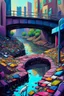 Placeholder: painting of a cyberpunk colourful natural walkway rubbish on the street in the city with pollution and a small bridge by a creek with electric sheep and androids by monet