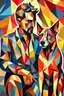 Placeholder: man and dog, cubism style, colorful, full details, high quality,