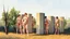 Placeholder: Tema: Desnudo integrado en la naturaleza a través de planos geométricos → Disciplina: Acuarela y fotografía de paisaje → Estética: Postimpresionismo constructivo y primitivo → Lenguaje visual: Planos de color y pinceladas en paralelo que construyen volumen sin línea → Composición: Grupo de figuras desnudas en una arboleda, fusionadas con el paisaje mediante formas cilíndricas, con una figura principal en primer plano → Iluminación: Luz de mediodía, clara y uniforme, que aplana las formas ligeram