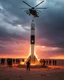 Placeholder: A nuclear rocket upside down buried half of it in the desert sands , the army is surrounding the area a military helicopters is hovering above the scene, cloudy gloomy back ground in sunset time